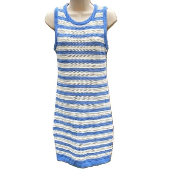 Nautical Cover-up Striped Blue and White Sleeveless Knit Mini Dress Womens Small - Picture 1 of 10